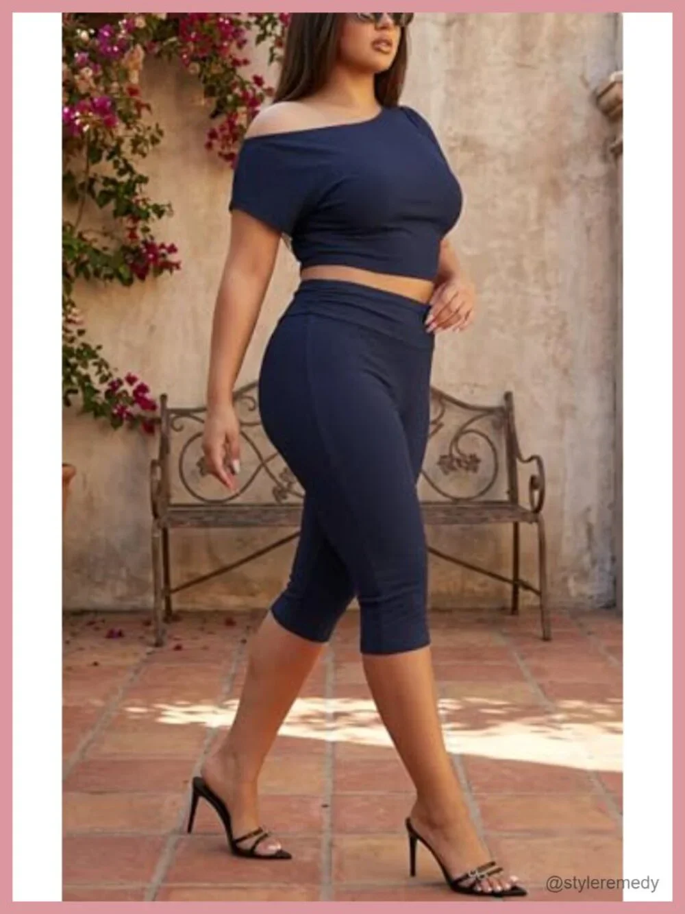 Off Shoulder Crop Top & Capri Pants Two Piece Set Ribbed Knit Loungewear